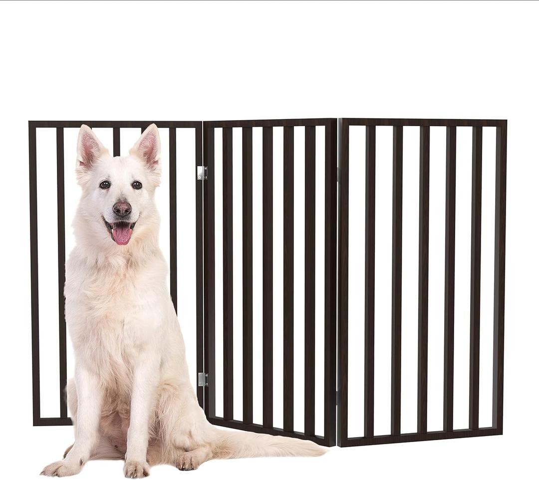 Indoor Pet Gate - 3-Panel Folding Dog Gate for Stairs or Doorways - 54x32-Inch Tall Freestanding Pet Fence for Cats and Dogs by PETMAKER (Brown)