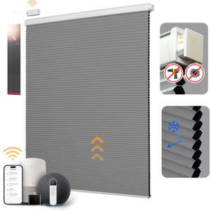 CINONEKO No Drill Motorized Cellular Shades with Remote，Cordless Smart Honeycomb Blinds, Free Solar Panel, Blackout Electric Blinds, No Tools No Drilling Honeycomb Shades, Gray, 46"W x 64"H