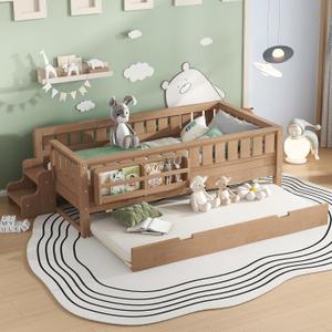 Bellemave Twin Kids Montessori Bed with Stairs, Bookshelf and Trundle, Solid Wood Kids Bed Frame with Storage for Boys Girls, Low Profile,Natural