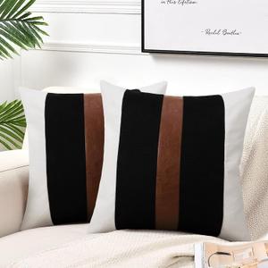 JASEN Set of 2 Faux Leather and Linen Throw Pillow Covers 20x20 Inch Black and White Modern Farmhouse Accent Pillow Covers for Couch Sofa, White, 20" x 20" (Pack of 2)