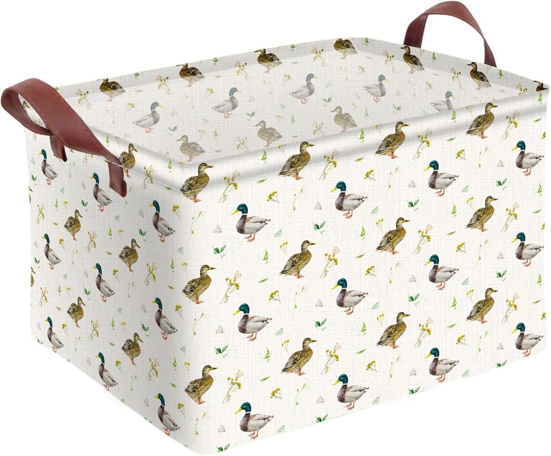 Cute Mallard Duck Storage Basket Waterproof Canvas Toy Storage Bin Mallard Duck Room Decor Collapsible Outdoor Basket with Leather Handles Duck Decor Blanket Baskets For Closets,Bedrooms,Gifts Baskets