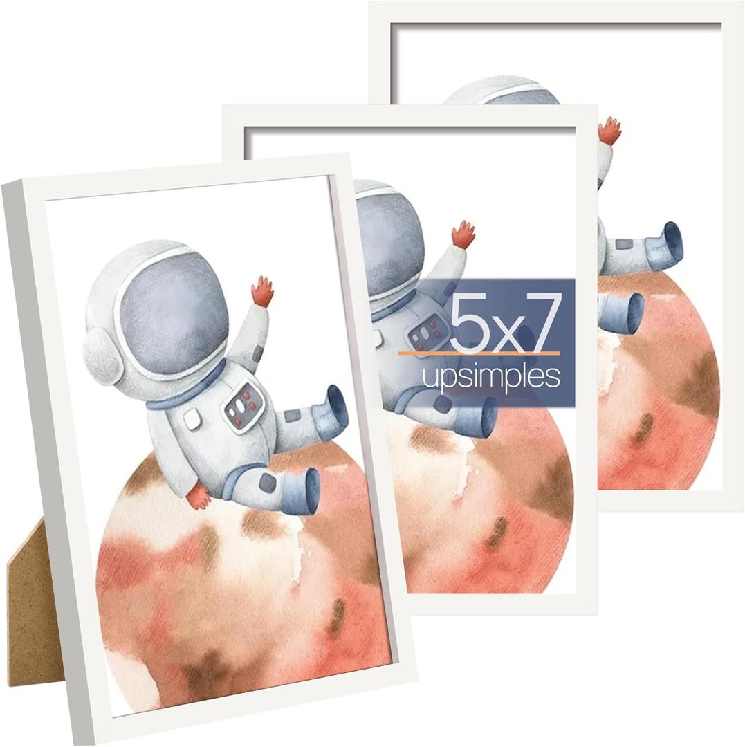 upsimples 5x7 Picture Frame Set of 3, Made of High Definition Glass for 5 x 7 White Frames, Wall and Tabletop Display Thin Border Photo Frame for Home Dcor