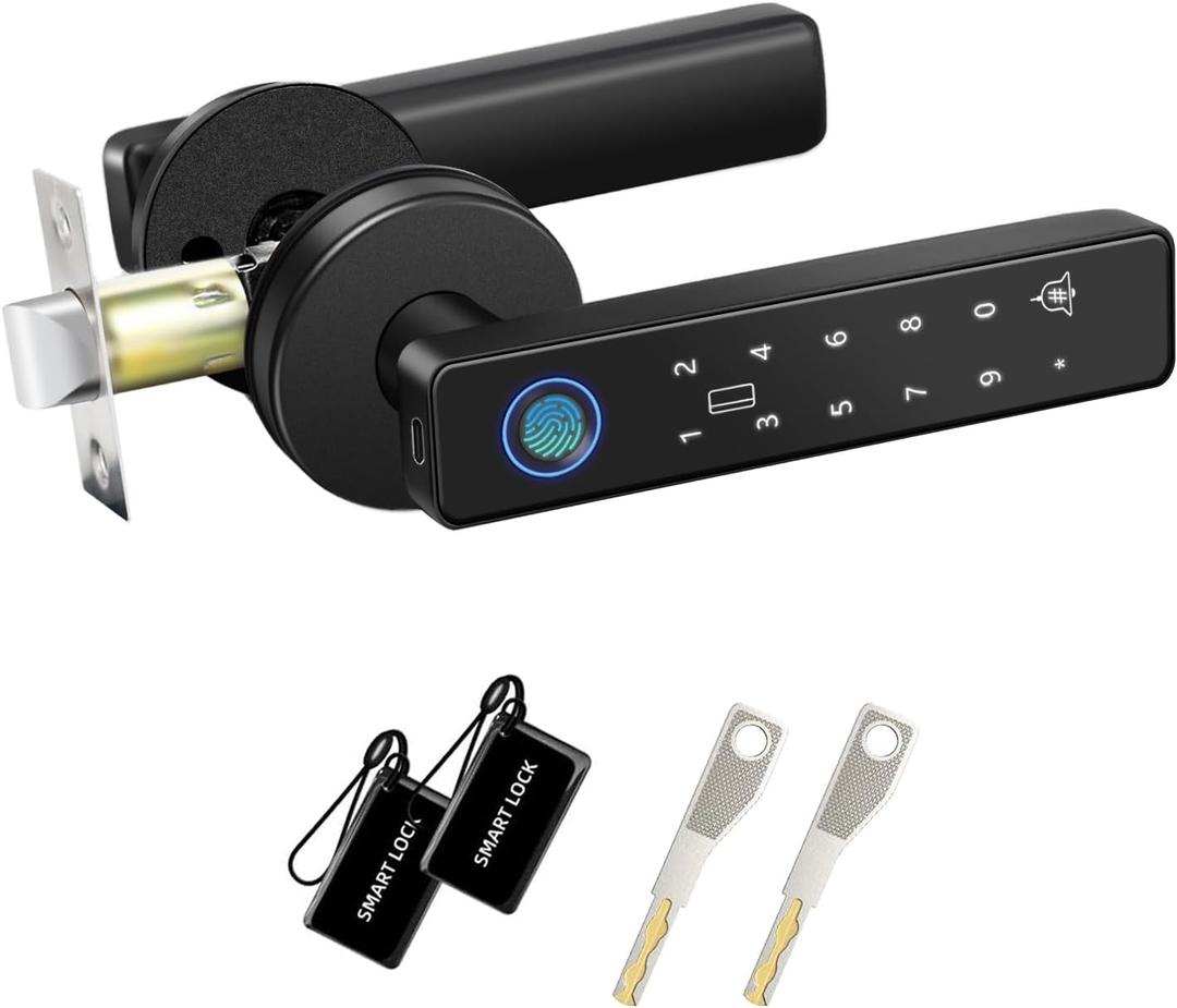 Fingerprint Door Knob, Smart Door Lock with Handle, Keypad Door Lock with Biometric, 4 Unlock Ways: Fingerprint, Passcode, IC Card, Spare Key, Doorbell, 6 Languages for Bedroom, Office, Apartment