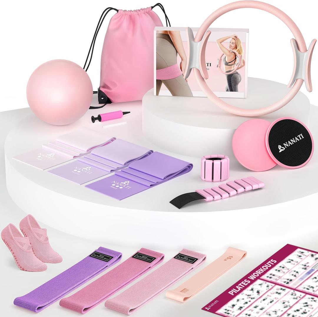 NANATI Pilates Kit 18PCS, Pilates Essentials Kit for Women Home Workouts, Pilates Equipment with 14.5" Pilates Ring and Ball, 7 Resistance Bands, Ankle Weights, Sliders & Grip Socks for Beginners