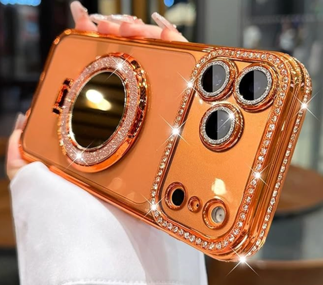 for iPhone 17 Pro Max Magnetic Kickstand Case,[Compatible with Magsafe] Shockproof Glitter Makeup Mirror Ring Holder Camera Protector Cute Bling Cover Woman Girls Case for 17 Pro Max, Orange