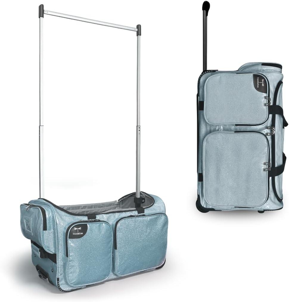 Travolution NEW Glittering Dance Bag with Garment Rack, 23 Inch Rolling Duffel With Wheels, Ideal for Competitions & Travel, Easy-assembly Lightweight Aluminum Clothes Rack (Glitter Blue)