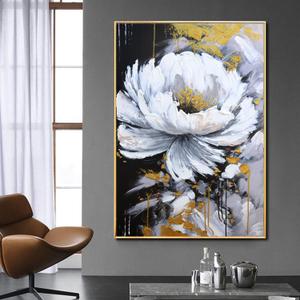 Framed White and Black Flower Wall Art for Study, Hand Painted Floral Oil Painting for Bedroom, Modern Textured 3D Artwork Office Kitchen Decor 28x40inch