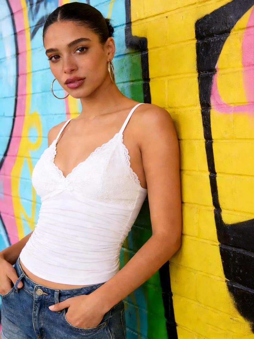 Y2K Spaghetti Strap Camisole for Women, Sleeveless Summer Tank Top Slim Bralette Going Out Top (Small, White)