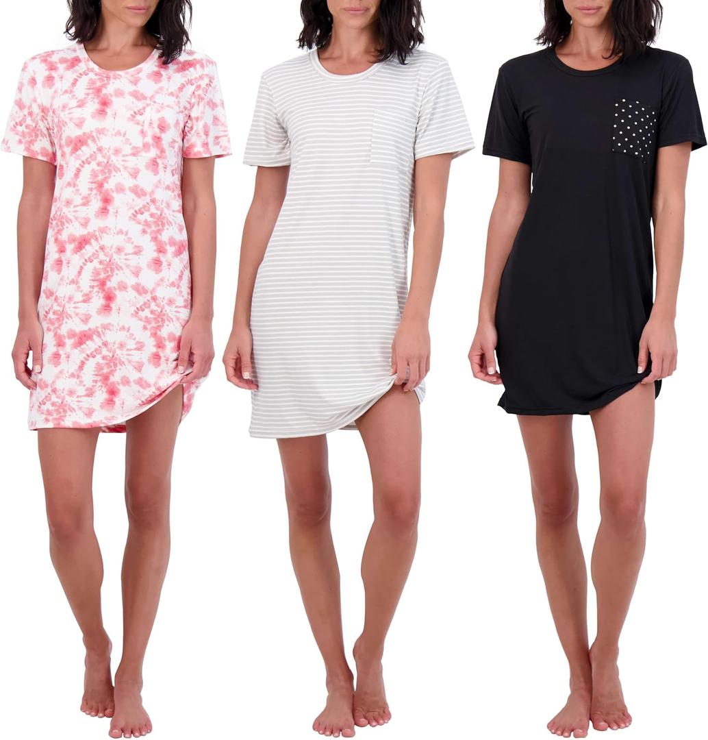 Real Essentials 3 Pack: Women's Short Sleeve Nightgown Dress Nightshirt Pajama Sleep Shirt Sleepwear S