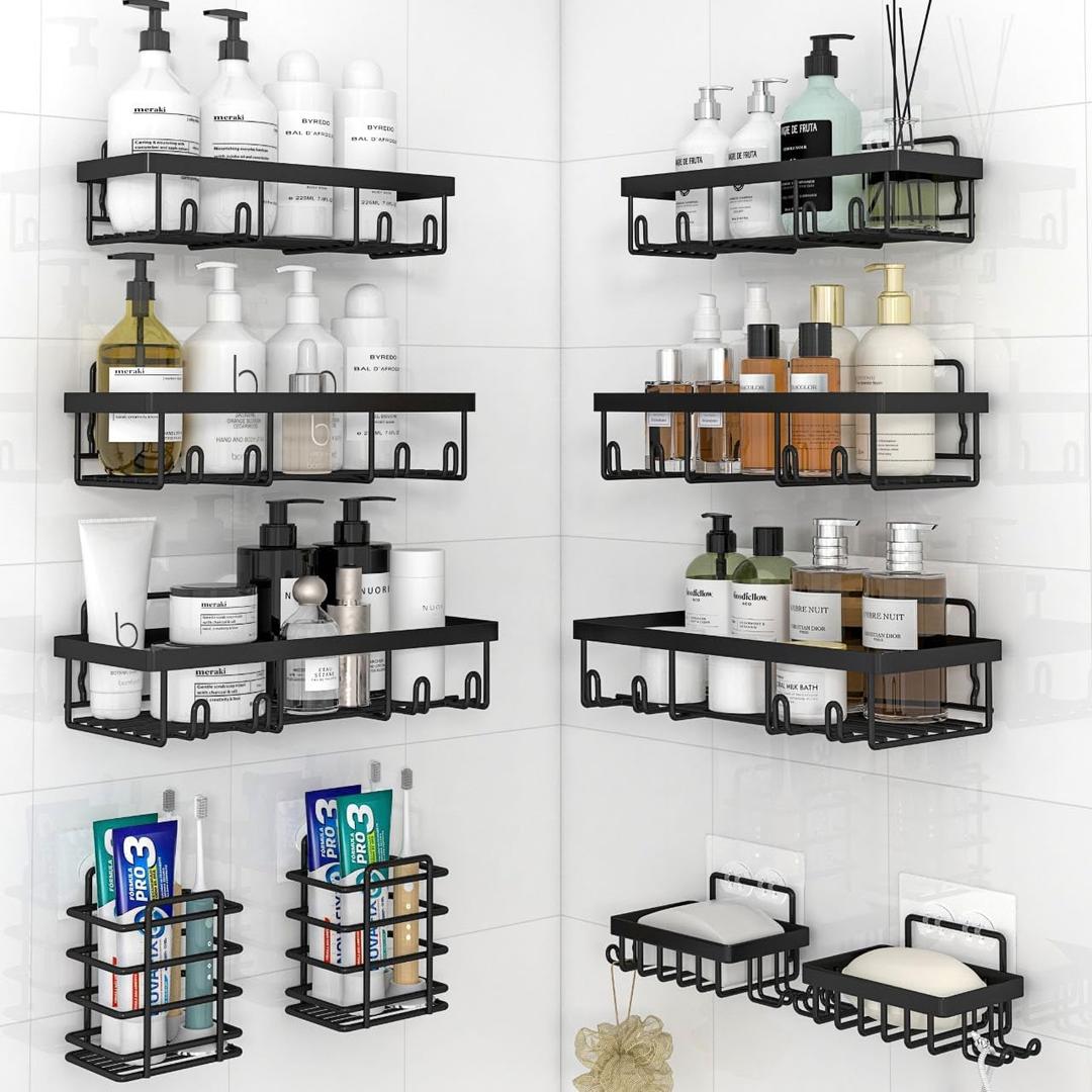 Liuoud 10 Pack Shower Caddy Organizer Rack Shelf for Inside Shower, Self Adhesive Wall Storage Basket Rustproof Stainless Steel Shampoo Holder Bathroom Accessory Decor Set, Black