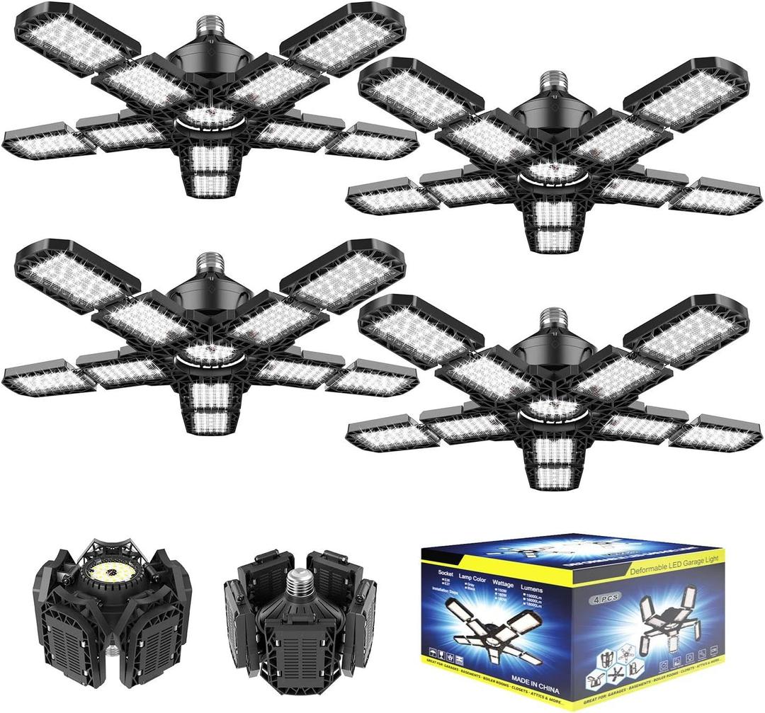 Nexillumi 4-Pack Led Garage Light 180W, 36000LM LED Shop Lights with E26/E27 Medium Base, 6000K Deformable Garage Lights Ceiling LED with 10+1 Adjustable Panels for Garage, Workshop, Attic, Basemen