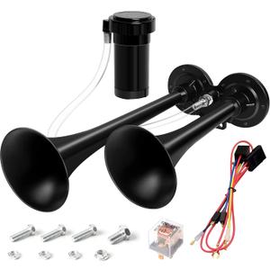 12V Air Horn Kit, Super Loud Train Horn for Truck, Air Horn Dual Truck Horn with Compressor for 12V Vehicles Trucks Pickup Trains Cars Boats (Dual black)