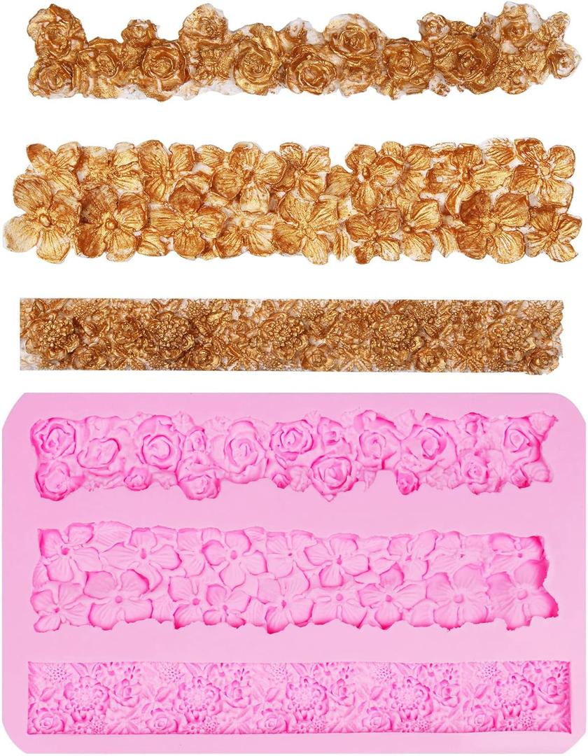 Rose Molds for Chocolate, Lace Silicone Flowers for Wedding Cake Decoration, Four Leaf with Leaves for Pie Cupcake Toppers Furniture Texture Soap Sugarcraft