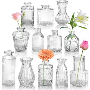 Der Rose Glass Bud Vases Set of 12, Small Bud Vases for Flowers, Rustic Wedding Centerpieces and Home Decor (Clear)