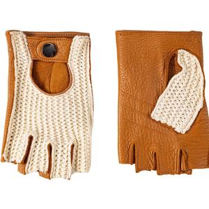 Fingerless Deerskin Leather Crochet String Back Gloves or Men - Driving, Motorcycle, Riding and Cycling (Small, Camel)
