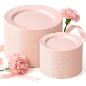 FLOWERCAT 200PCS Pink Plastic Plates Disposable Plates for Party - Heavy Duty Plastic Plates - 100 10" Pink Dinner Plates and 100 7" Pink Salad Plates for Weddings,Parties,Mother's Day