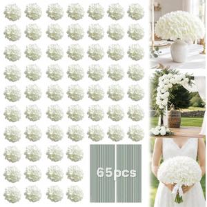 White Hydrangea Artificial Flowers Bulk, 65Pcs Faux Hydrangea Flowers, Silk Hydrangea Flowers with Detachable Stems for Wedding Centerpieces, Home Decor and Party Decorations