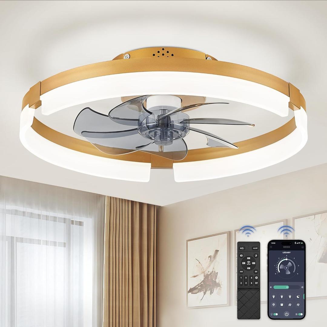 LEDIARY 19.7 Inch Low Profile Ceiling Fans with Lights and Remote, 6 Speeds, 3 CCT, Reversible, Dimmable Flush Mount Fan Light, Modern Ceiling Fan with Light for Bedroom, Gold