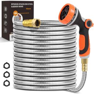 Metal Garden Hose 100 ft, Stainless Steel Water Hose 100ft with 10 Function Nozzle & 3/4 Copper Fitting, Heavy Duty & Flexible, Kink Free & Lightweight for Yard, Outdoor, Lawn, Patio & Car