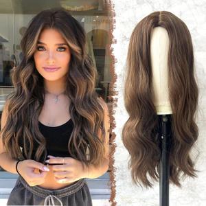 FESHFEN Long Brown Wigs for Women 22 inch Brown Long Wavy Full Wig Middle Parting Wigs Natural Looking Synthetic Wig for Daily Party