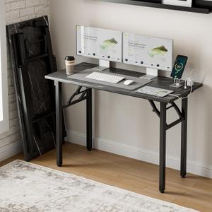 Frylr Small Folding Computer Desk  43.3 Inch Portable Table for Craft and Study, Lightweight Desk for Small Spaces, Foldable Laptop Table Built-in AC/USB Outlets for Convenience, Marble Greige