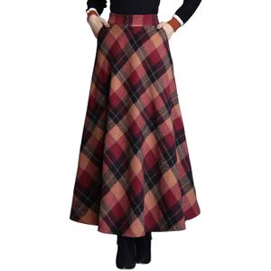 Ebossy Women's Vintage High Waist Wool Blend Plaid A-Line Long Maxi Skirt with Pocket (Medium, Red)