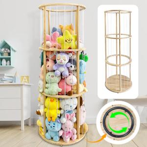 Rotatable Wooden Stuffed Animal Storage with Turntable and Elastic Band, Easy to Install, Wooden Cute Zoo Toy Holder for Toddler Rooms, Playrooms & Bedrooms