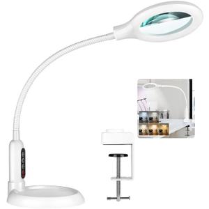 10X Magnifying Glass with Light and Clamp, 5 Color Modes Stepless Dimmable Lighted Magnifier with Stand, Flexible Gooseneck LED Desk Lamp Hands Free for Craft Painting Hobby Close Work (White)