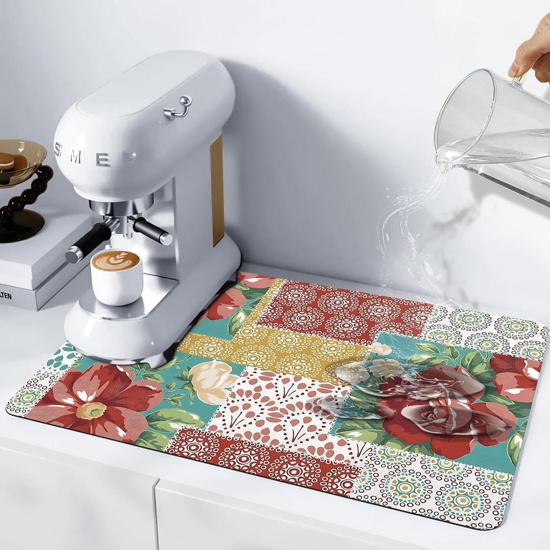 Premium Coffee Mat - Non-Slip Rubber Backed Absorbent Dish Drying Mat for Kitchen Counter Coffee Mat Super Absorbent Ideal coffee maker mat for countertops Coffee Bar Mat Flowers
