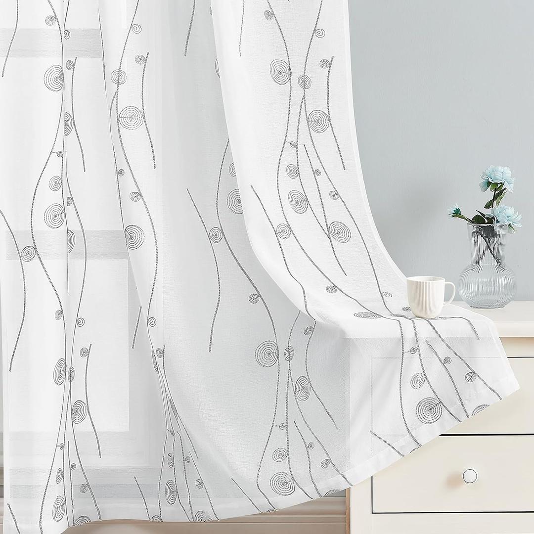 HOMEIDEAS Grey and White Sheer Curtains 52 X 63 Inches Length 2 Panels Embroidered Wave Line with Spiral Pattern Pocket Faux Linen Semi Sheer Voile Window Curtains/Drapes for Bedroom Living Room