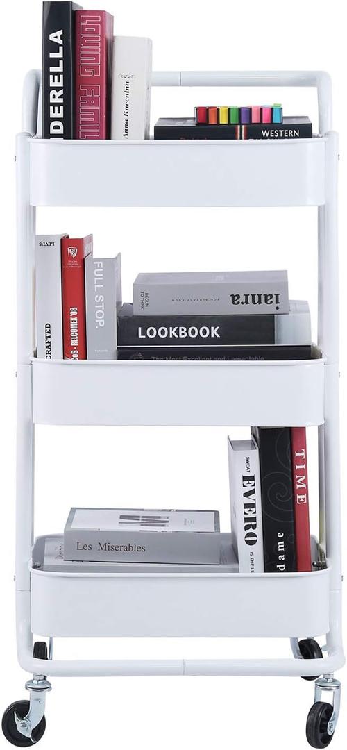 3-Tier Metal Mesh Rolling Cart Storage Organizer with Utility Handle and Wheels, White
