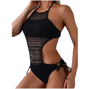 Milumia Women Hollow Out Crochet Backless Swimwear One Piece Halter Swimsuit Size L