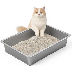 Kirecoo Stainless Steel Litter Box, Large Low Entry Metal Cat Pan Box, Indoor Litter Tray, Non Stick, No Smell, Easy to Clean, Pet Toilet Supplies for Cats (19.48 L x 13.58 W x 3.9 H)