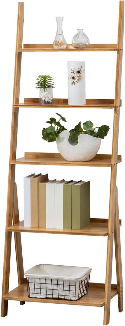 Ladder Shelf Bookshelf, 5-Tier Leaning Shelf, Free Standing Organizer Storage Shelves, Storage Rack Shelf for Office, Living Room, Nature