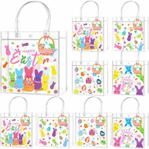 Zenoble 24 Pcs Easter Gift Bags with Handles Double-Sided Clear PVC Easter Bag Cute Bunny & Egg Goodie Snack Candy Treat Bags Bulk with Basket Cards for Party Favor