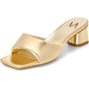 MIRAAZZURRA Gold Women Heeled Mules Square Open Toe Chunky Block Heel Slip on Heeled Sandals Casual Dress Slide Shoes Size 9