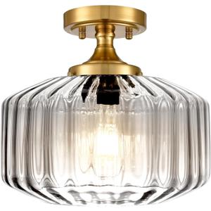 Semi Flush Mount Ceiling Light with 11.02" Clear Seeded Glass Shade, E26 Base Gold Mid Century Chandelier Farmhouse Light Fixture for Hallway Bathroom Entryway