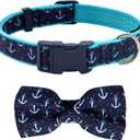 Azuza Anchor Dog Collar with Bow Tie, Soft and Comfortable Adjustable Bowtie for Medium Dogs
