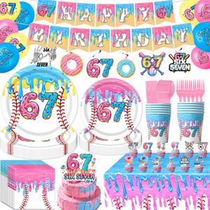 3 x 131pcs 6 7 Birthday Decorations, 67 Birthday Decorations | 6 7 Birthday Theme Set: Banner,Tablecloth,Cake Topper,Cupcake Toppers,Balloons,Cups,Napkins,Plates & Forks
