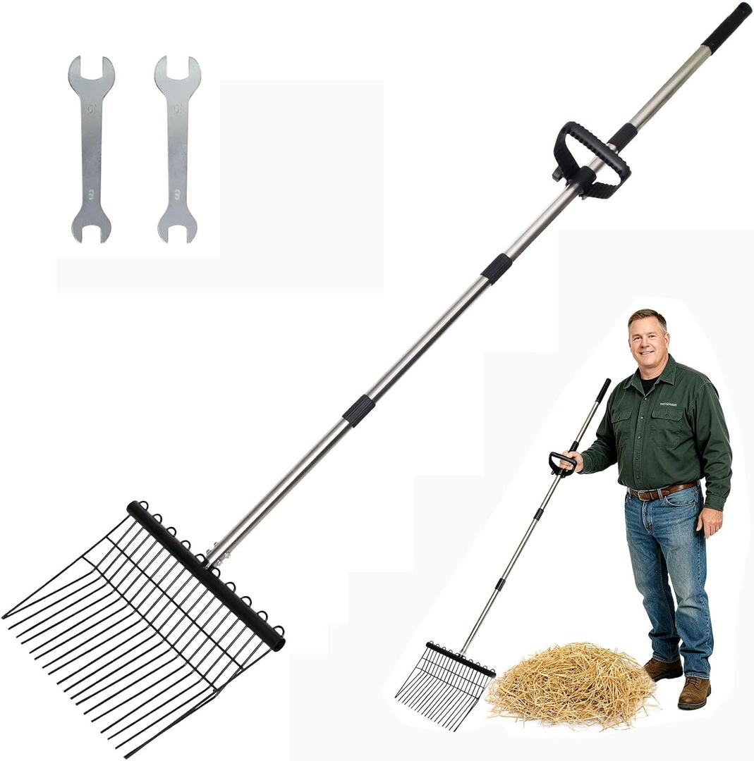 Metal Manure Fork with Adjustable Long Steel Handle Rake Rustproof Hay Fork