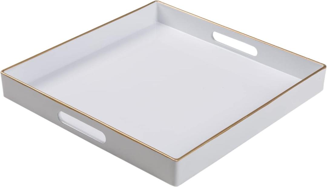 MAONAME 13" Decorative Tray, White Serving Tray with Handles, Coffee Table Trays, Square Plastic Trays for Ottoman, Bathroom, Kitchen