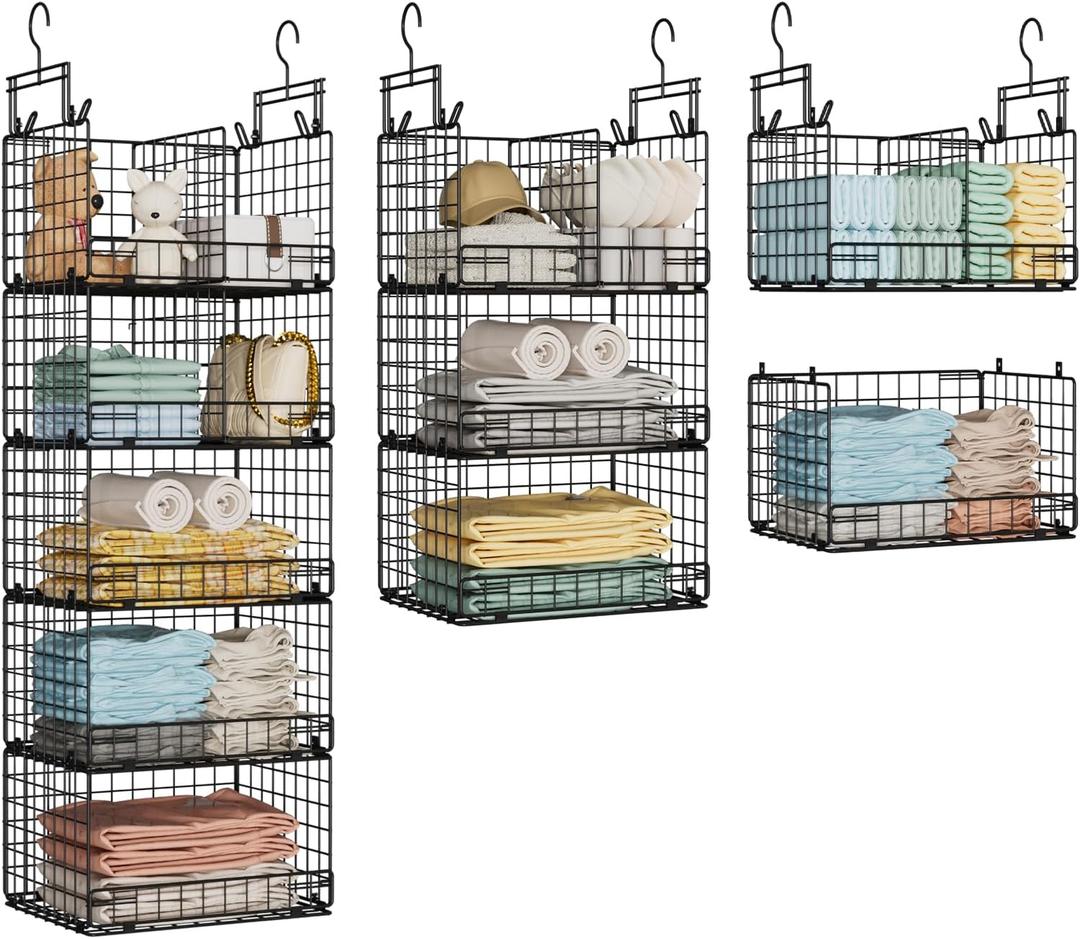 5 Tier Hanging Closet Organizer with Adjustable Dividers, Heavy-Duty Storage Shelves for Clothing, Kitchen, Laundry Room, Extra Large Baskets, 15.7" W x 11.8" D x 51" H, Black
