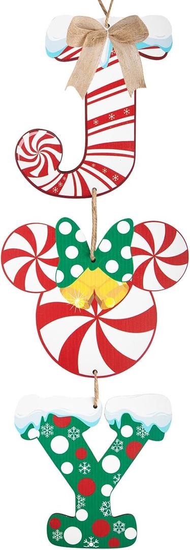 Christmas Joy Door Sign Decorations, Wooden Wall Hanging Sign Dcor for Christmas Party Supplies, Peppermint Wood Mouse Shaped Decorative Xmas Home Porch Plaques Ornaments Indoor and Outdoor