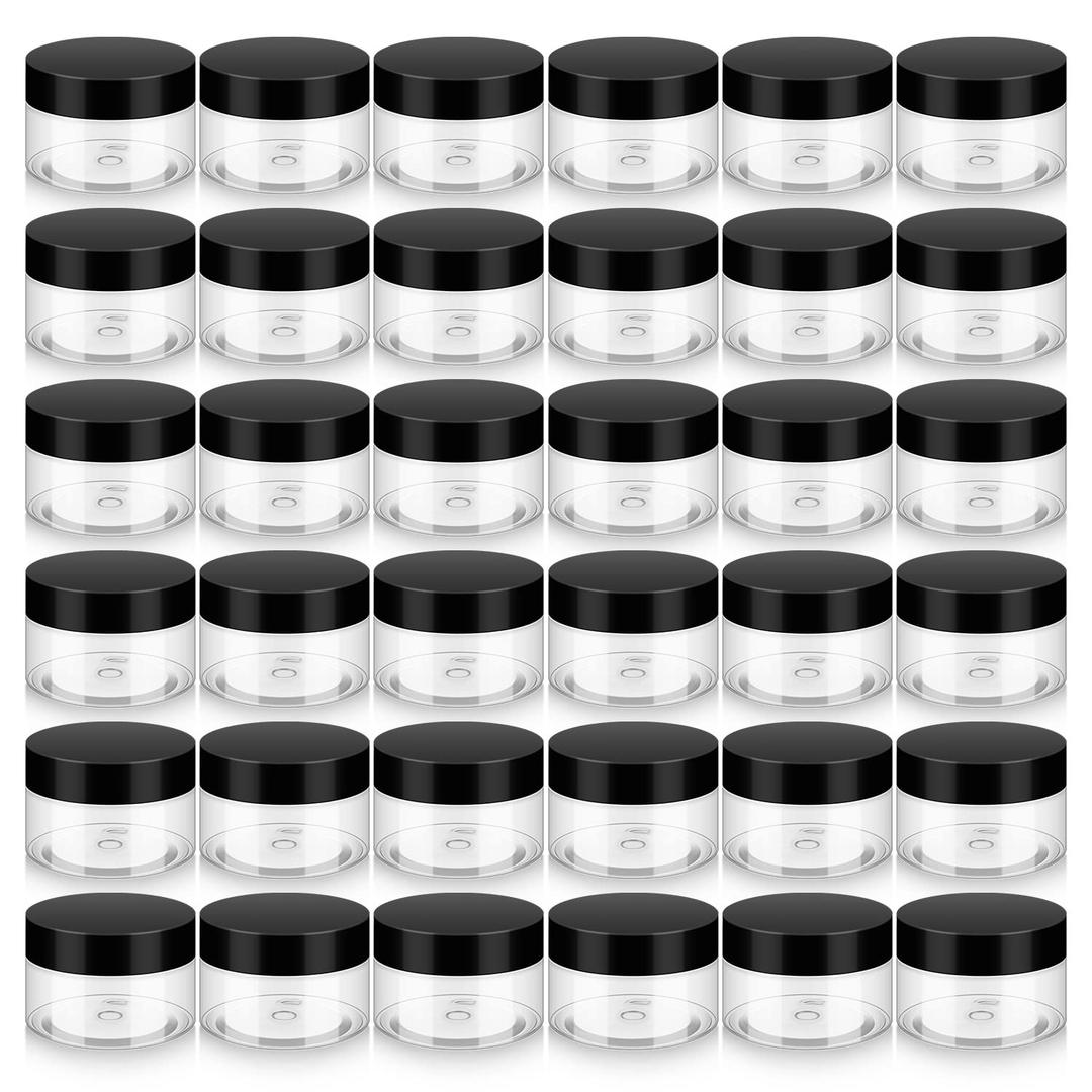 36 Pack 1 OZ Plastic Jars with Lids, BPA Free, Reusable, Refillable Transparent Cosmetic Containers for Bath Salts, Cosmetics, Powders, Beauty Product and Small Accessories (Black)