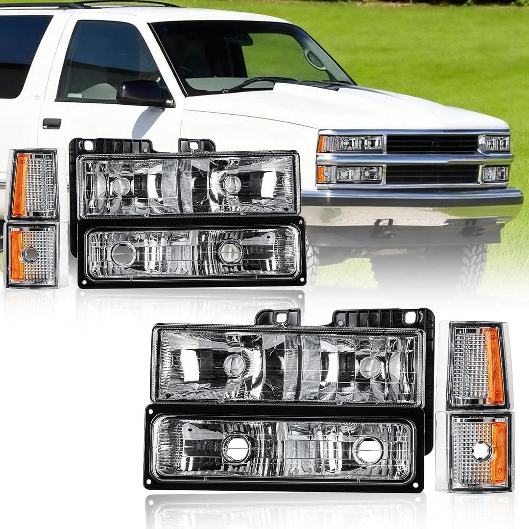Headlights Assembly for 1994-1998 Silverado & 1994-1999 Chevy Tahoe Suburban C10 C/K 1500 2500 3500 Chrome Housing Amber Reflector
