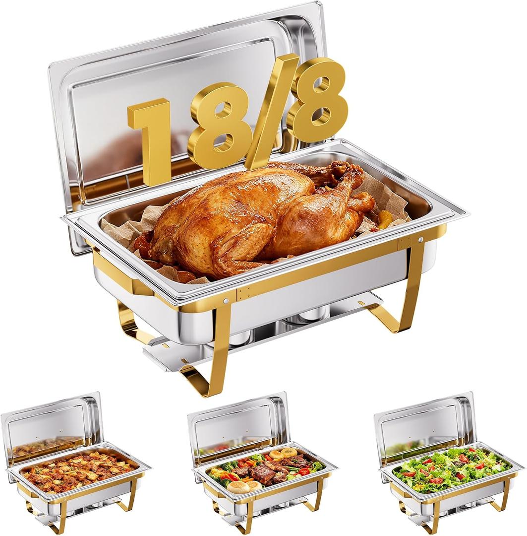 CAMMOO 4 Pans Gold 18/8 (304) Stainless Steel 4 Pack Chafing Dishes for Buffet 9QT Stackable Chafing Dish Buffet Set Food Warmer, Food Warmers for Parties Buffet Catering Events Dinners-RG404