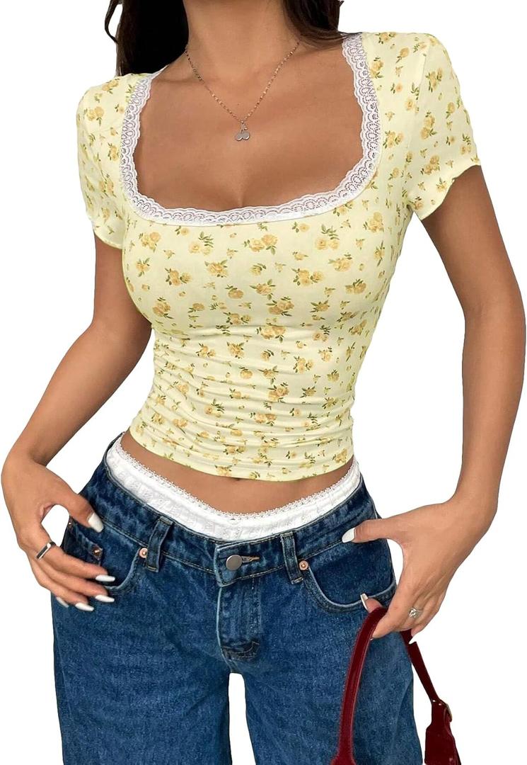 Women Y2k Ditsy Floral Lace Trim Crop Tops Yellow Cute Scoop Neck Tight Fitted Short Sleeve T Shirts Going Out (L)