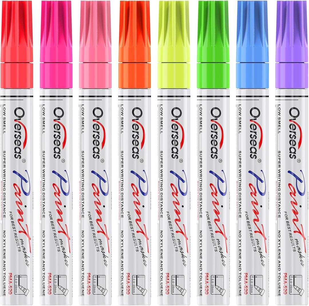 Overseas Neon Fluorescent Paint Marker Pens - 8 Colors Oil-Based Paint Markers, Medium Tip, Quick Drying and Waterproof Permanent UV Marker for Plastic, Glass, Rock, Wood, Canvas, Metal, Pumpkin