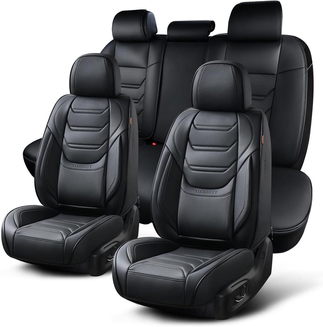 Car Seat Covers Full Set, Breathable Leather Automotive Front and Rear Seat Covers, Car Seat Protectors Full Set, Compatible with Most Vehicles, SUV (Elegant Black, Front Pair and Rear)