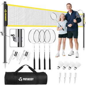 Professional Badminton Set with Carbon Fiber Badminton Rackets Set of 4, Outdoor Portable Badminton Net with Anti-Sag Winch System, 4 Nylon Badminton Shuttlecocks and Bag, 20FT Net
